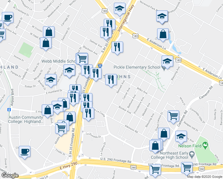 map of restaurants, bars, coffee shops, grocery stores, and more near 907 East Saint Johns Avenue in Austin