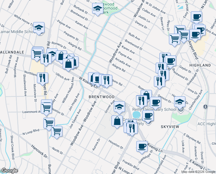 map of restaurants, bars, coffee shops, grocery stores, and more near 1307 Palo Duro Road in Austin
