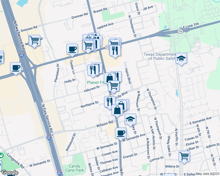 map of restaurants, bars, coffee shops, grocery stores, and more near 1908 North Frazier Street in Conroe
