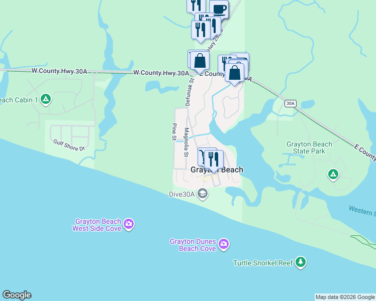 map of restaurants, bars, coffee shops, grocery stores, and more near 183 Magnolia Street in Santa Rosa Beach