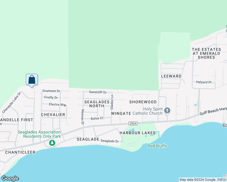 map of restaurants, bars, coffee shops, grocery stores, and more near 1512 Sandcliff Drive in Pensacola