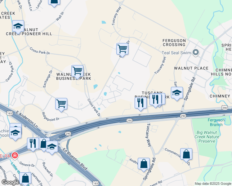 map of restaurants, bars, coffee shops, grocery stores, and more near 8054 Exchange Drive in Austin