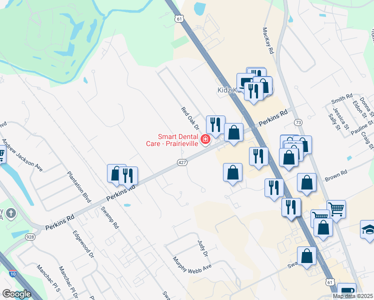 map of restaurants, bars, coffee shops, grocery stores, and more near 37236 Perkins Road in Prairieville