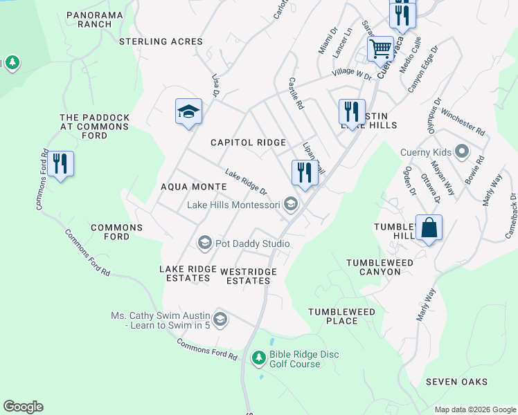 map of restaurants, bars, coffee shops, grocery stores, and more near 9807 Lake Ridge Drive in Austin