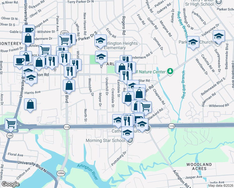 map of restaurants, bars, coffee shops, grocery stores, and more near 1072 Eastdale Street in Jacksonville