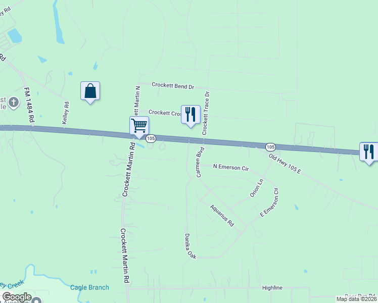 map of restaurants, bars, coffee shops, grocery stores, and more near 16384 Texas 105 in Conroe