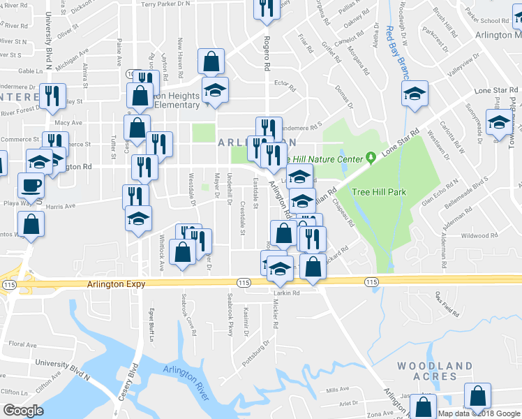 map of restaurants, bars, coffee shops, grocery stores, and more near 1078 Rogero Road in Jacksonville