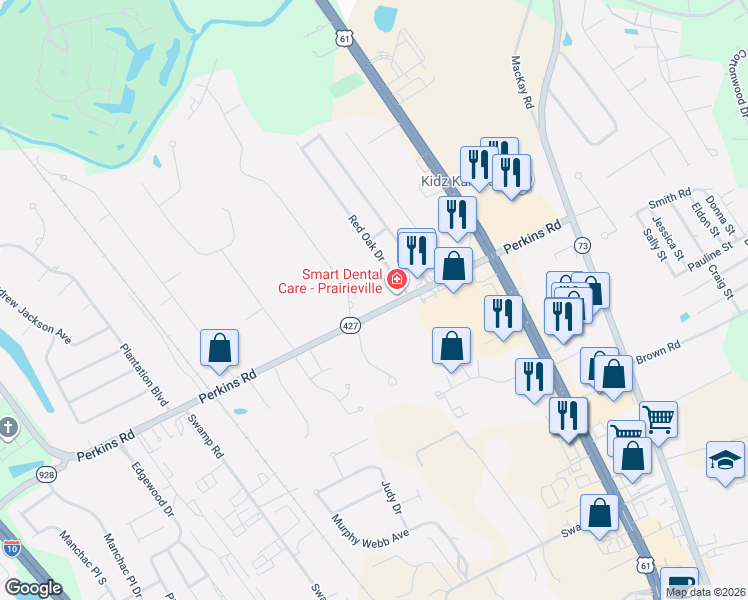 map of restaurants, bars, coffee shops, grocery stores, and more near 37272 Perkins Road in Prairieville