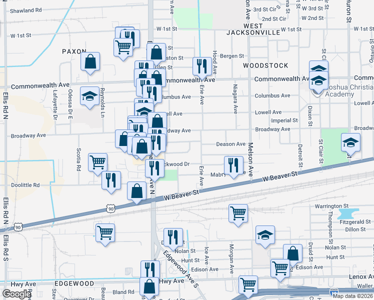 map of restaurants, bars, coffee shops, grocery stores, and more near 3414 Brookhaven Drive in Jacksonville