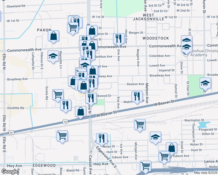 map of restaurants, bars, coffee shops, grocery stores, and more near 3414 Brookhaven Drive in Jacksonville