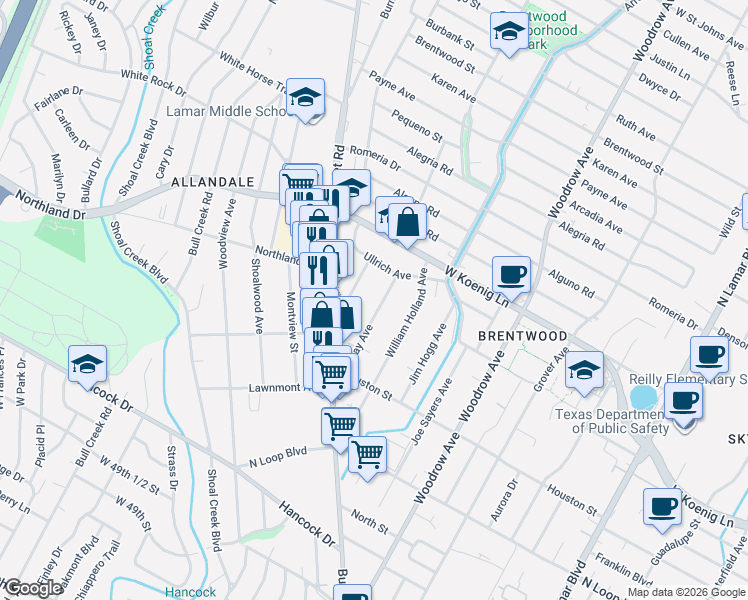 map of restaurants, bars, coffee shops, grocery stores, and more near 5621 Adams Avenue in Austin