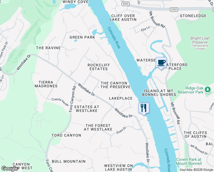 map of restaurants, bars, coffee shops, grocery stores, and more near 4119 Hidden Canyon Cove in Austin