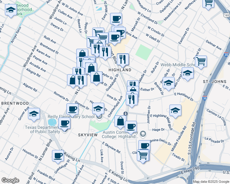 map of restaurants, bars, coffee shops, grocery stores, and more near 309 Brentwood Street in Austin