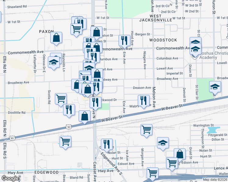 map of restaurants, bars, coffee shops, grocery stores, and more near 3414 Brookhaven Drive in Jacksonville