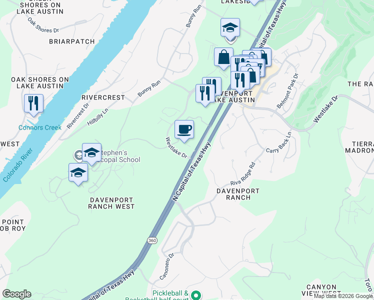 map of restaurants, bars, coffee shops, grocery stores, and more near 3310 North Capital of Texas Highway in Austin