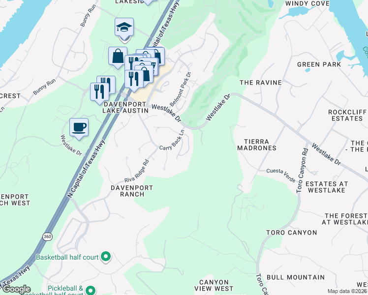 map of restaurants, bars, coffee shops, grocery stores, and more near 5707 Carry Back Lane in Austin