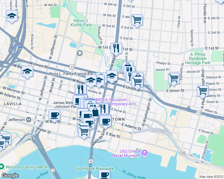 map of restaurants, bars, coffee shops, grocery stores, and more near 75 Florida 10 in Jacksonville