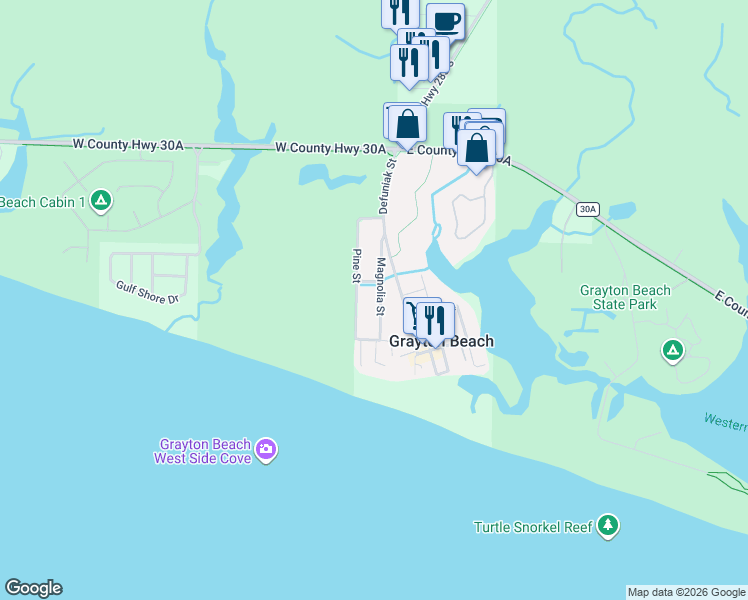 map of restaurants, bars, coffee shops, grocery stores, and more near 169 Magnolia Street in Santa Rosa Beach