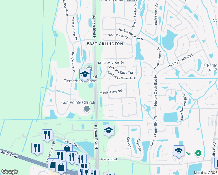 map of restaurants, bars, coffee shops, grocery stores, and more near 12351 Silent Brook Trail in Jacksonville
