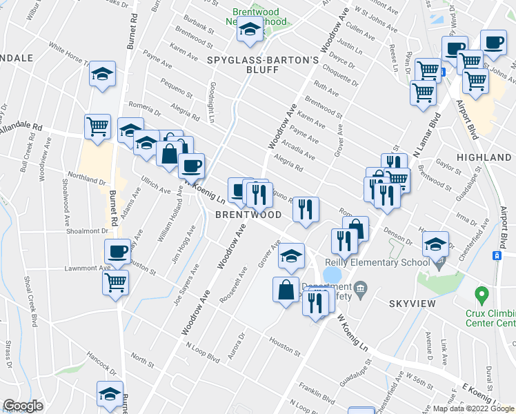 map of restaurants, bars, coffee shops, grocery stores, and more near 1311 Palo Duro Road in Austin