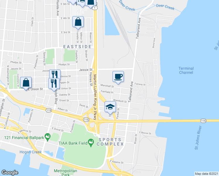 map of restaurants, bars, coffee shops, grocery stores, and more near 1574 Marshall Street in Jacksonville