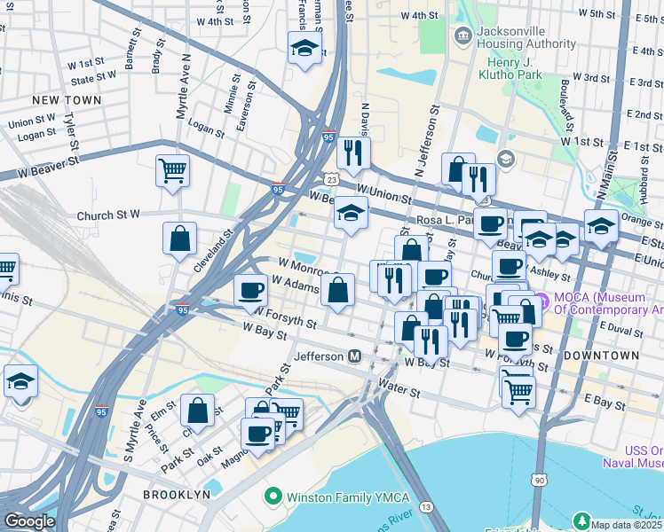 map of restaurants, bars, coffee shops, grocery stores, and more near 915 West Monroe Street in Jacksonville