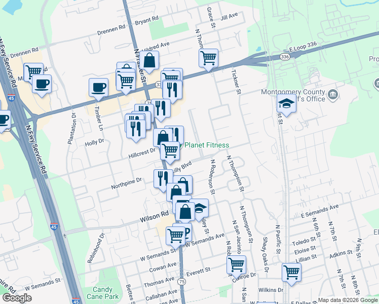 map of restaurants, bars, coffee shops, grocery stores, and more near 111 Reverse Street in Conroe