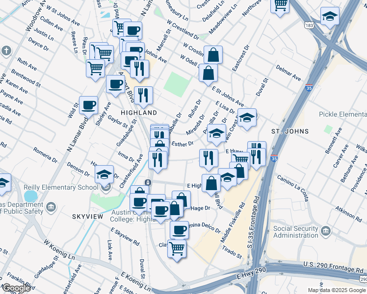 map of restaurants, bars, coffee shops, grocery stores, and more near 6715 Esther Drive in Austin