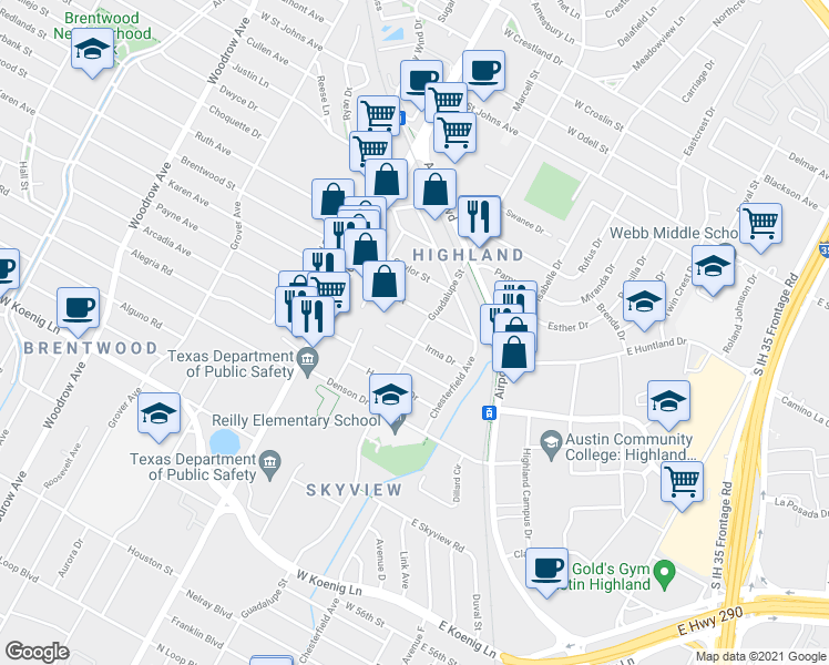 map of restaurants, bars, coffee shops, grocery stores, and more near 600 Irma Drive in Austin