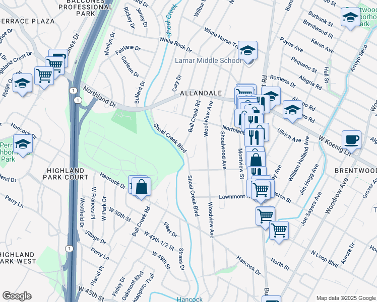 map of restaurants, bars, coffee shops, grocery stores, and more near 5509 Shoal Creek Boulevard in Austin