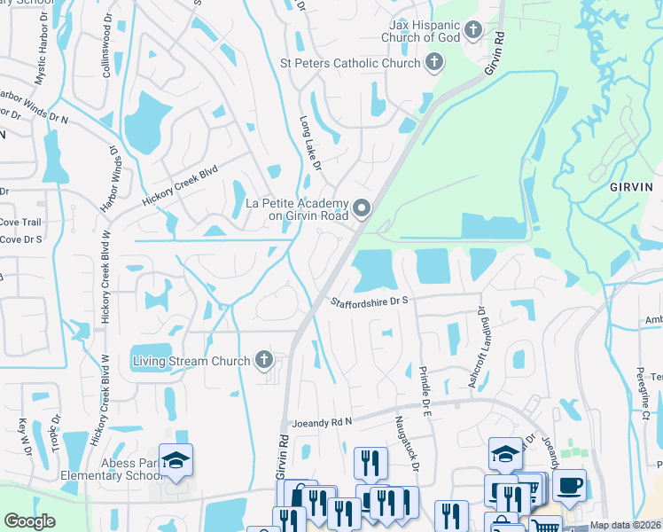 map of restaurants, bars, coffee shops, grocery stores, and more near 595 Staffordshire Drive East in Jacksonville