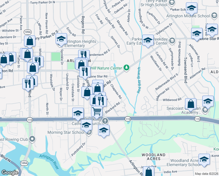 map of restaurants, bars, coffee shops, grocery stores, and more near 1050 Chapeau Road in Jacksonville