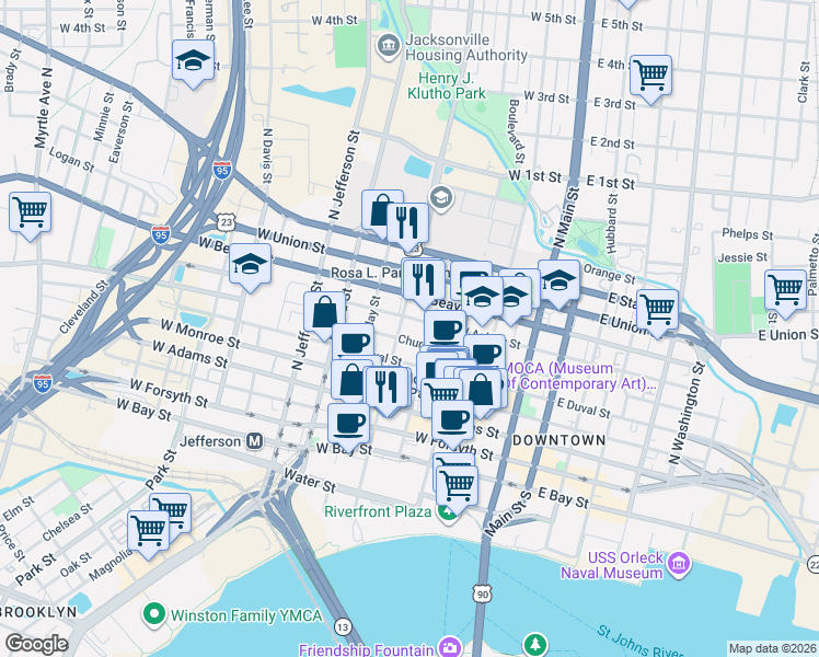 map of restaurants, bars, coffee shops, grocery stores, and more near 320 West Church Street in Jacksonville