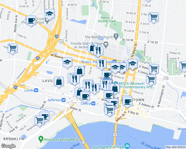 map of restaurants, bars, coffee shops, grocery stores, and more near 507 Clay Street in Jacksonville