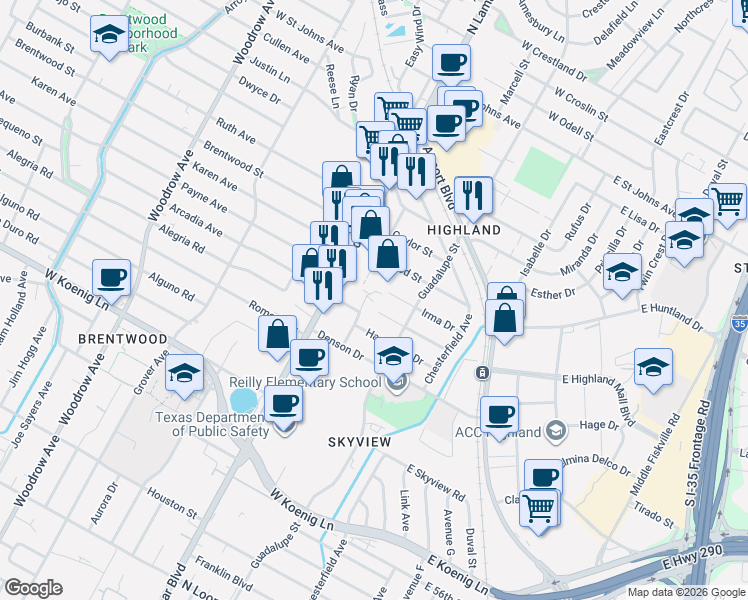 map of restaurants, bars, coffee shops, grocery stores, and more near 615 Irma Drive in Austin