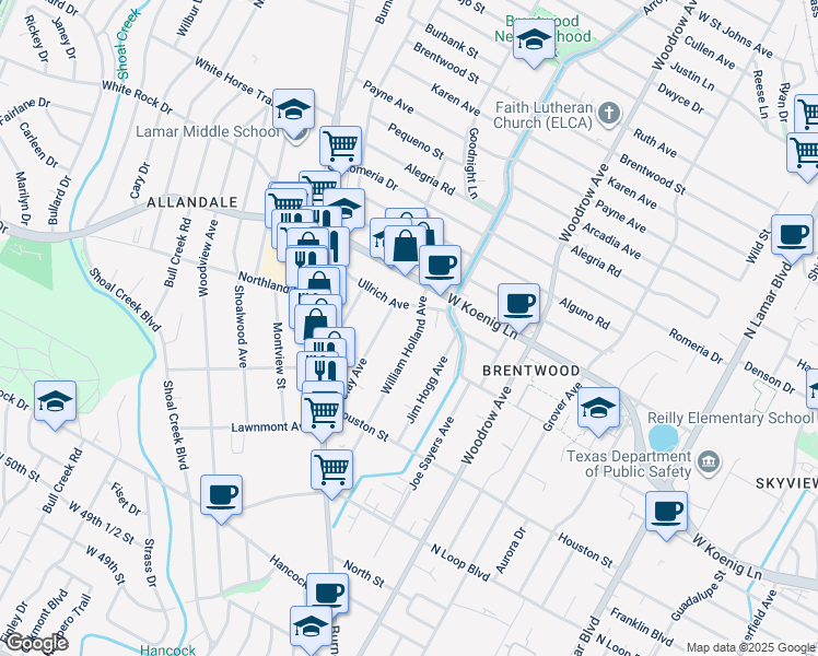 map of restaurants, bars, coffee shops, grocery stores, and more near 5705 Clay Avenue in Austin