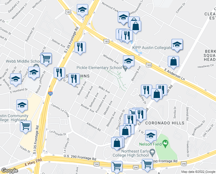 map of restaurants, bars, coffee shops, grocery stores, and more near 7306 Providence Avenue in Austin