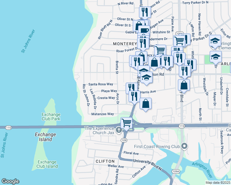map of restaurants, bars, coffee shops, grocery stores, and more near 5452 Playa Way in Jacksonville