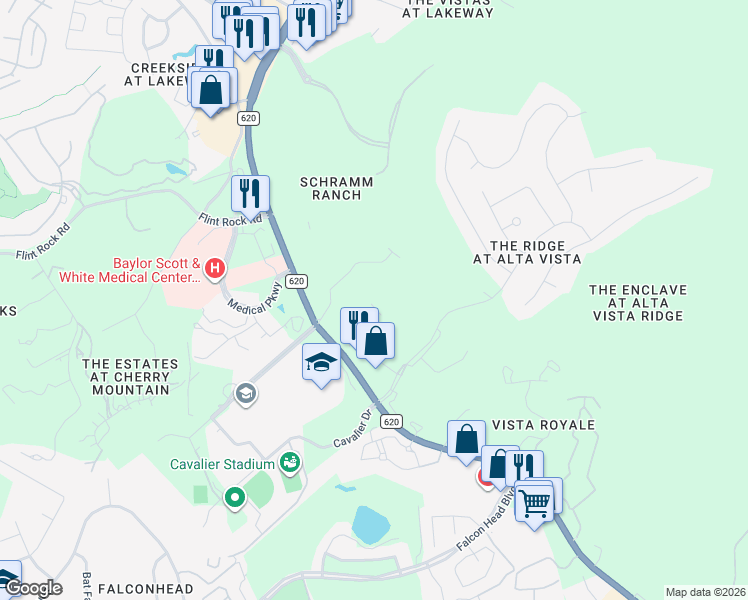 map of restaurants, bars, coffee shops, grocery stores, and more near 236 Aria Ridge in Lakeway