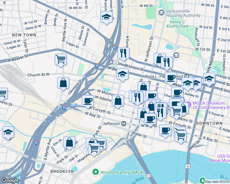 map of restaurants, bars, coffee shops, grocery stores, and more near 915 West Monroe Street in Jacksonville