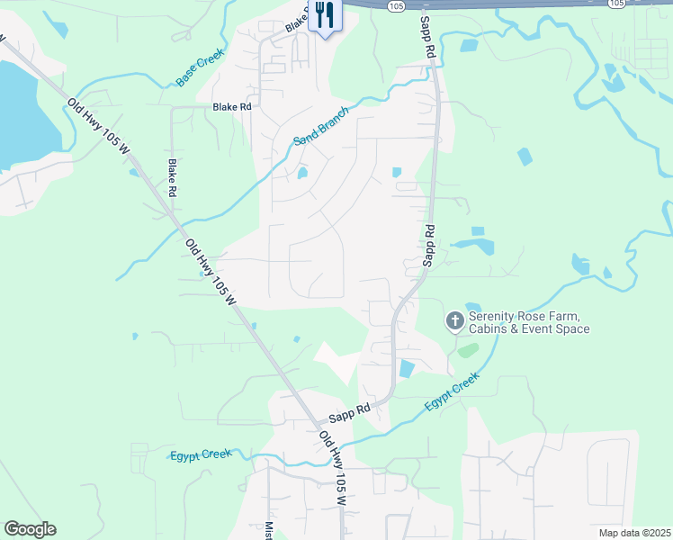 map of restaurants, bars, coffee shops, grocery stores, and more near 4400 Longleaf Timbers Court in Conroe