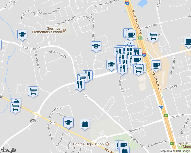 map of restaurants, bars, coffee shops, grocery stores, and more near 2250 Montgomery Park Boulevard in Conroe