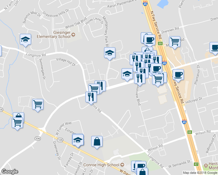 map of restaurants, bars, coffee shops, grocery stores, and more near 2110 Montgomery Park Boulevard in Conroe