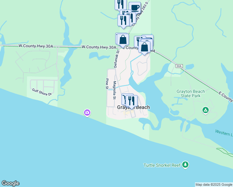 map of restaurants, bars, coffee shops, grocery stores, and more near 169 Magnolia Street in Santa Rosa Beach