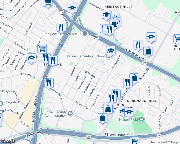 map of restaurants, bars, coffee shops, grocery stores, and more near 7306 Providence Avenue in Austin