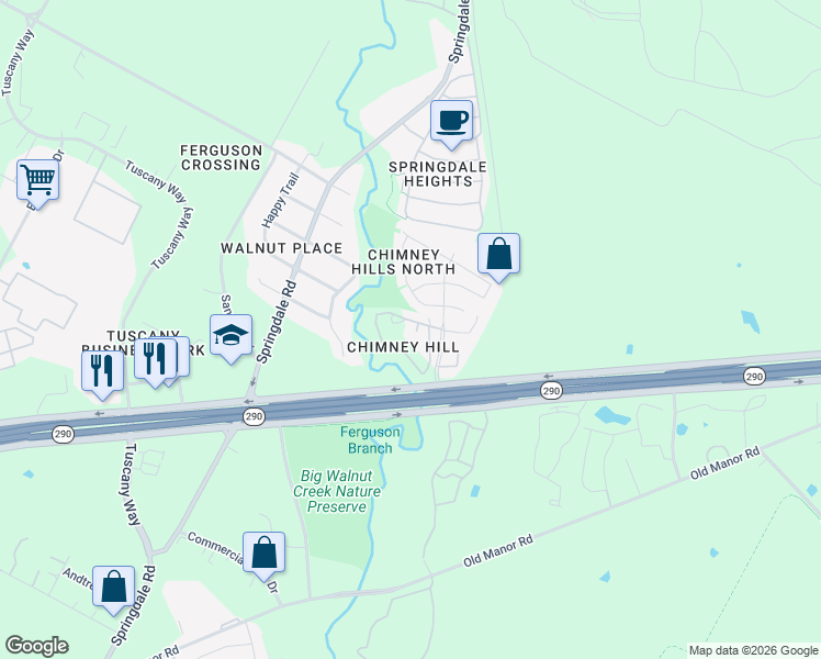 map of restaurants, bars, coffee shops, grocery stores, and more near 8912 Barons Court in Austin