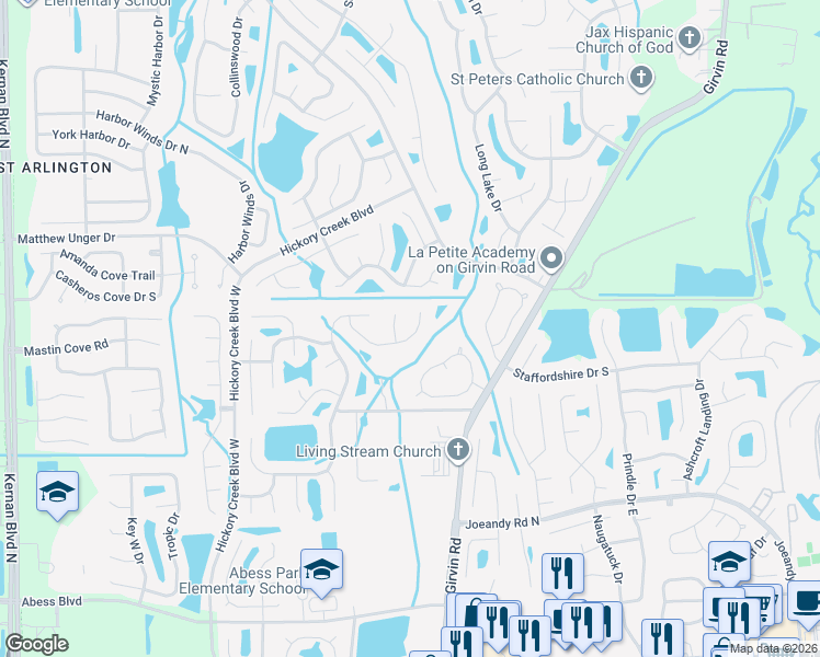 map of restaurants, bars, coffee shops, grocery stores, and more near 12753 Meadowsweet Lane in Jacksonville