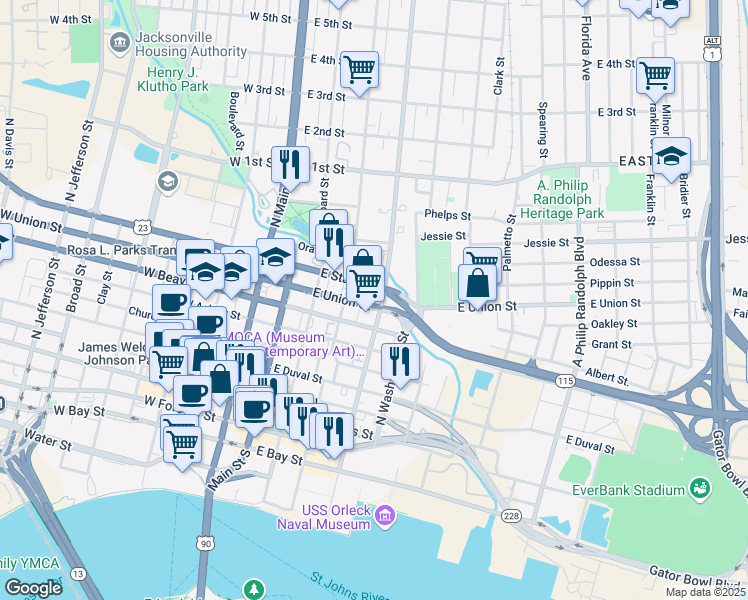 map of restaurants, bars, coffee shops, grocery stores, and more near 806 North Liberty Street in Jacksonville