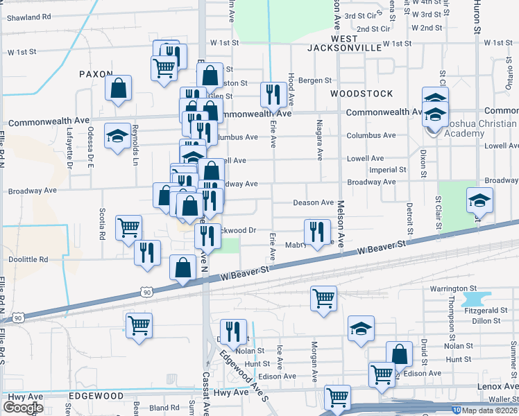 map of restaurants, bars, coffee shops, grocery stores, and more near 3414 Brookhaven Drive in Jacksonville