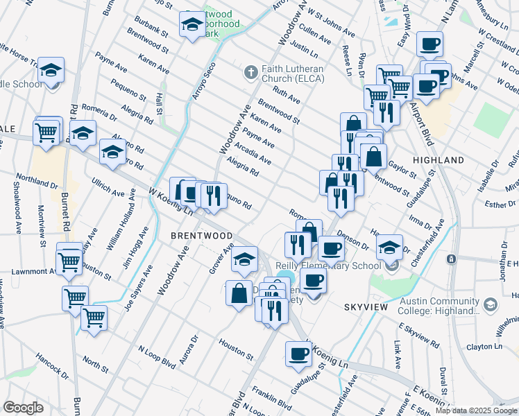 map of restaurants, bars, coffee shops, grocery stores, and more near 1200 Alguno Road in Austin